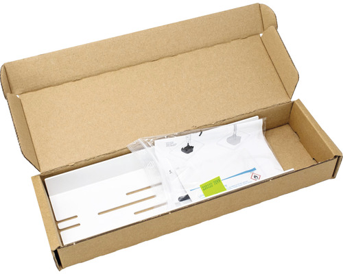 Offener Karton mit Montagematerial und Anleitung