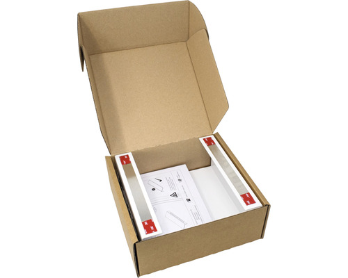 Carton ouvert avec instructions de montage et deux lampes LED