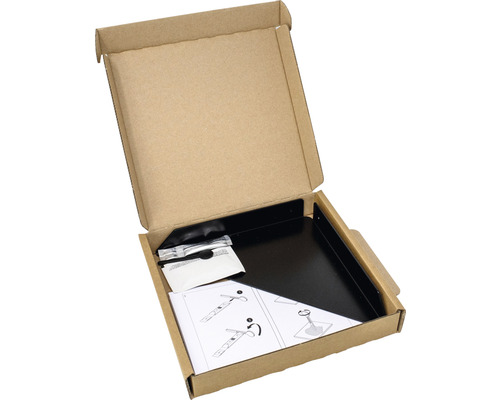 Emballage ouvert avec étagère noire, matériel de montage et instructions.