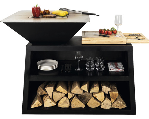 Grilltisch mit Grillfläche, Schneidebrett und Holzfach