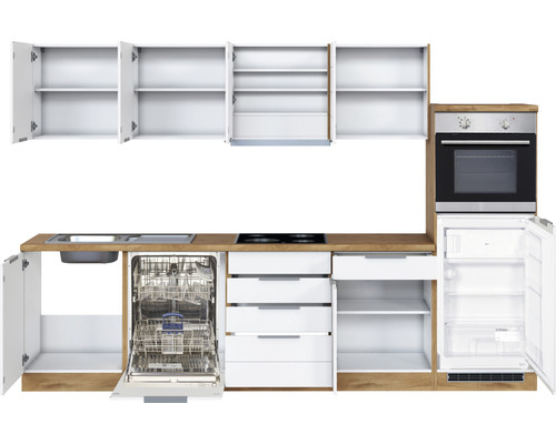 Cuisine avec évier, lave-vaisselle, plaque de cuisson, four et réfrigérateur.