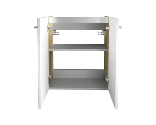 Meuble sous-vasque avec portes ouvertes et étagères