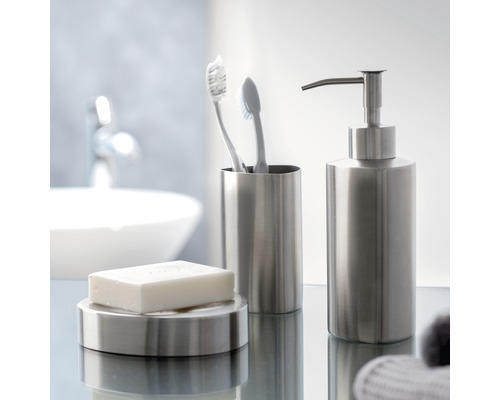 Badezimmer-Set aus Seifenschale, Seifenspender und Zahnputzbecher aus Edelstahl