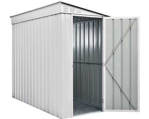 Abri de jardin en métal avec porte ouverte