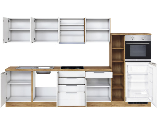 Cuisine équipée avec évier, plaque de cuisson, four et réfrigérateur