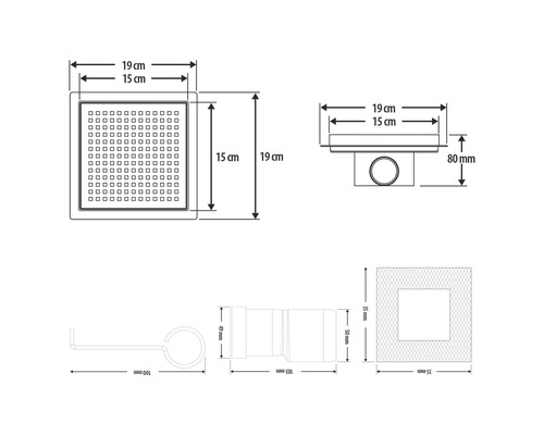 Schéma coté d''un caniveau de douche