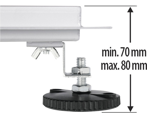Vue détaillée d''un pied de nivellement avec indication de taille entre 70 millimètres et 80 millimètres.
