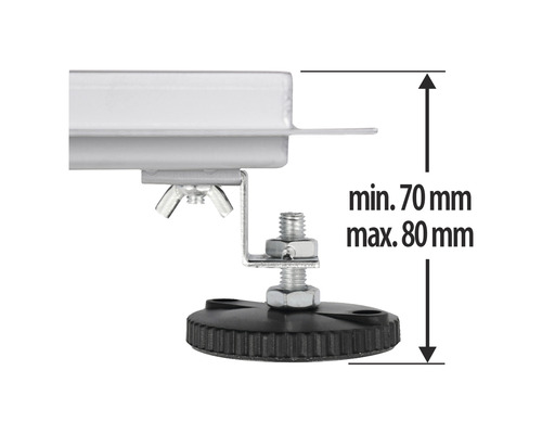 Pied de meuble réglable avec des dimensions de 70 millimètres minimum et 80 millimètres maximum