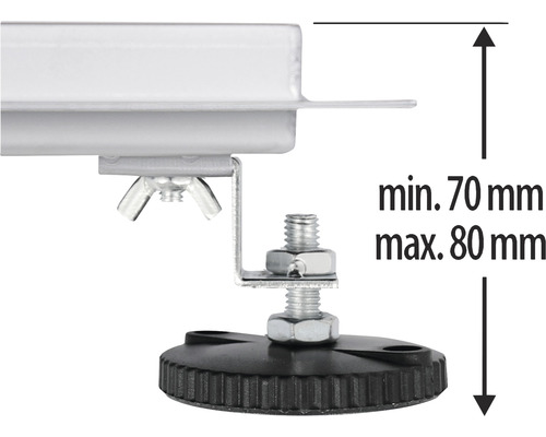 Gros plan d''une pièce de montage avec une indication de hauteur de 70 millimètres minimum à 80 millimètres maximum.