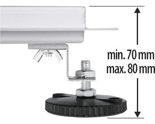 Vue détaillée d''un pied de meuble réglable en hauteur avec une hauteur minimale de 70 millimètres et une hauteur maximale de 80 millimètres