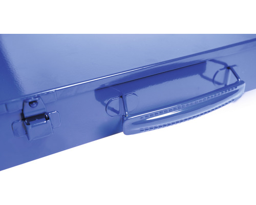 Vue détaillée d''une boîte à outils bleue avec poignée et fermeture