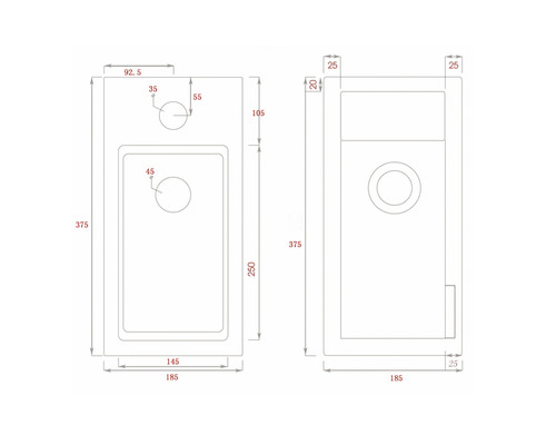 Technische Zeichnung eines Waschtischs mit Maßangaben