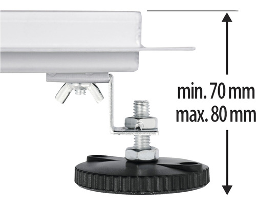 Gros plan d''un pied réglable avec une hauteur minimale de 70 millimètres et une hauteur maximale de 80 millimètres
