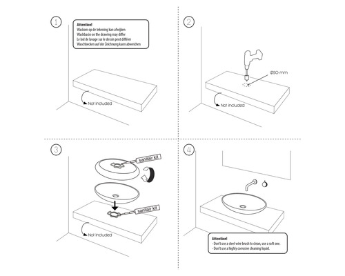 Montageanleitung für ein Waschbecken mit Hinweisen zu erforderlichem Zubehör und zur Reinigung