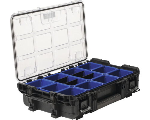 Boîte à outils avec compartiments et couvercle transparent