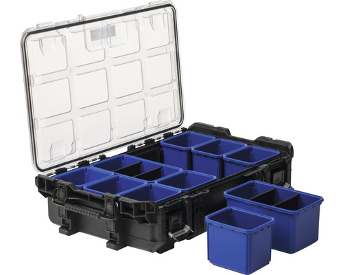 Boîte à outils avec compartiments amovibles et couvercle transparent