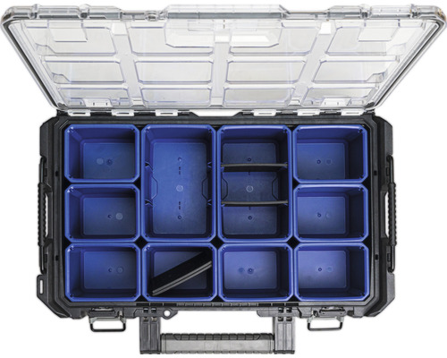 Boîte à outils ouverte avec couvercle transparent et compartiments bleus
