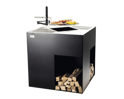 Schwarzer Holzkohlegrill mit Grillrost und Holzfach