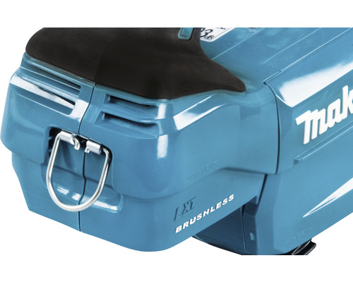 Vue détaillée d''un taille-haie à batterie de la marque Makita avec étrier et technologie sans balais