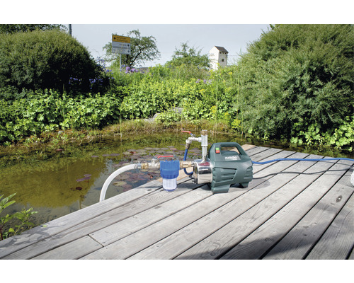 Station de pompage domestique Metabo sur un ponton en bois à côté d''un étang