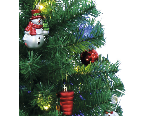 Geschmückter Weihnachtsbaum mit Schneemannfigur und roten Ornamenten