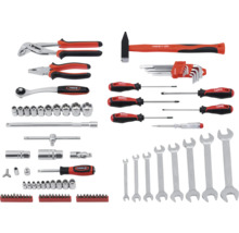Assortiment d''outils avec marteau, clés, tournevis, pinces et jeu de douilles