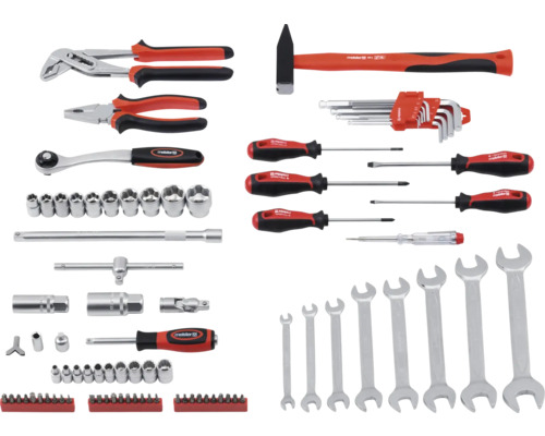 Werkzeugsortiment mit Hammer, Schraubenschlüsseln, Schraubendrehern, Zangen und Steckschlüsselsatz