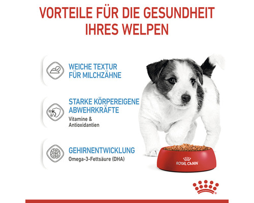 Welpe vor einer Schale Royal Canin Welpenfutter mit Hinweisen zu Vorteilen für die Gesundheit
