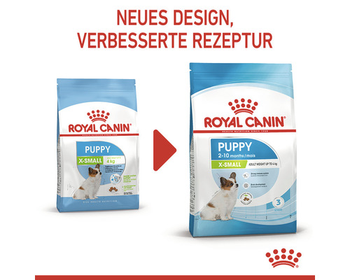 Zwei Packungen Royal Canin Puppy X-Small Hundefutter mit neuem Design und verbesserter Rezeptur