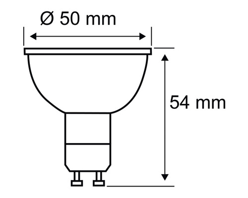 Abmessungen einer GU10 Lampe, Durchmesser 50 Millimeter, Höhe 54 Millimeter