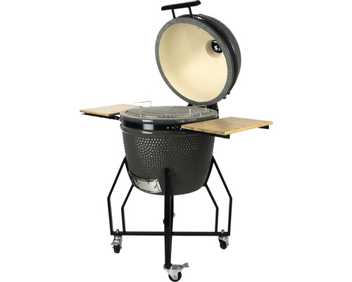 Keramikgrill mit geöffnetem Deckel, Grillrost und Holzablagen