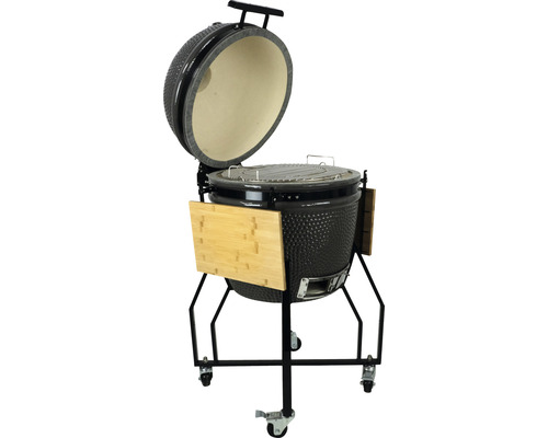 Keramikgrill mit offenem Deckel, Grillrost und Bambusablagen