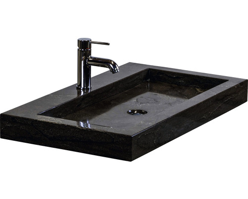 Vasque à poser rectangulaire en pierre naturelle avec robinetterie