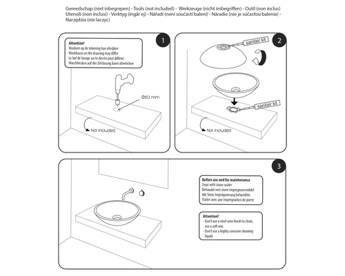 Instructions de montage pour un lavabo, avec les étapes d''installation du robinet, du kit de vidange et les consignes d''entretien