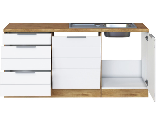 Cuisine linéaire avec évier, tiroirs et armoire