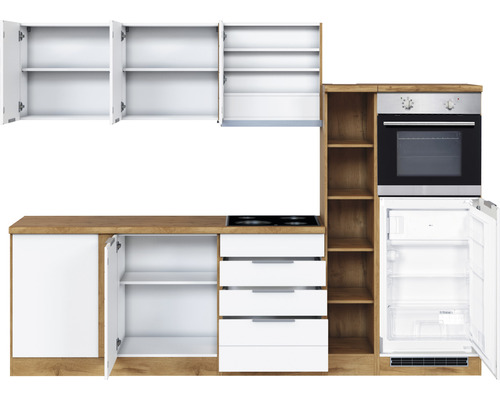 Cuisine complète avec éléments hauts et bas, tiroirs, plaque de cuisson, four et réfrigérateur