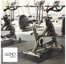 Plusieurs appareils de fitness tels que des vélos d''appartement et des tapis de course dans une salle de sport. Logo Lileno Sports.