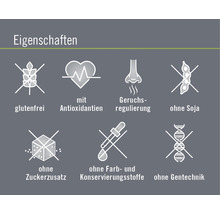 Produktmerkmale: glutenfrei, mit Antioxidantien, geruchsregulierend, ohne Soja, ohne Zuckerzusatz, ohne Farb- und Konservierungsstoffe, ohne Gentechnik