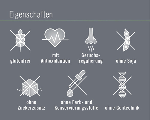 Eigenschaften: glutenfrei, mit Antioxidantien, Geruchsregulierung, ohne Soja, ohne Zuckerzusatz, ohne Farb- und Konservierungsstoffe, ohne Gentechnik