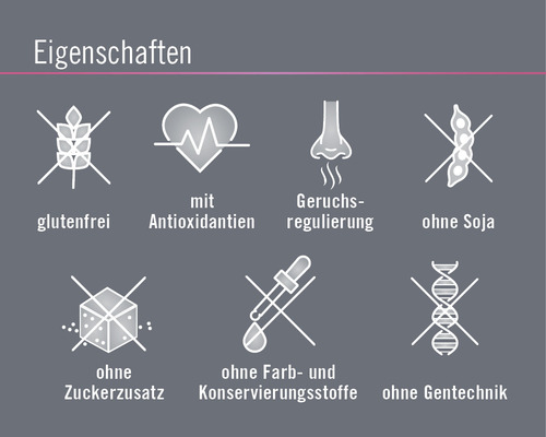 Eigenschaften: glutenfrei, mit Antioxidantien, Geruchsregulierung, ohne Soja, ohne Zuckerzusatz, ohne Farb- und Konservierungsstoffe, ohne Gentechnik