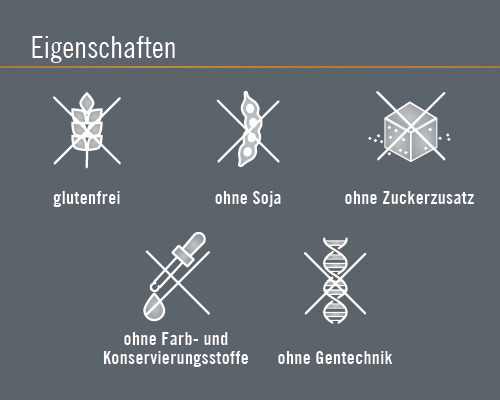 Symbole: Glutenfrei, ohne Soja, ohne Zuckerzusatz, ohne Farb- und Konservierungsstoffe, ohne Gentechnik