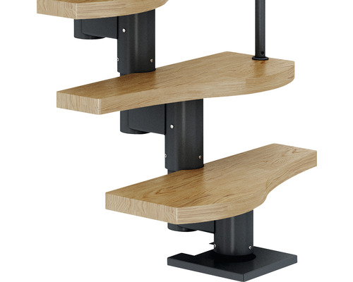 Détail d''un escalier en colimaçon avec marches en bois et rampe en métal