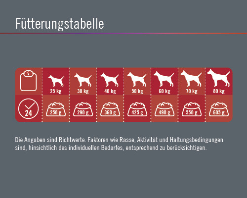 Fütterungstabelle für Hunde mit Gewichtsangaben