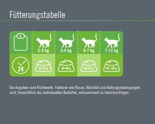 Fütterungstabelle für Katzen mit Gewichtsangaben und Futterempfehlungen