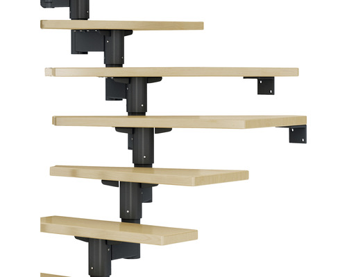 Detailansicht einer Raumspartreppe mit Holzstufen und Metallgeländer