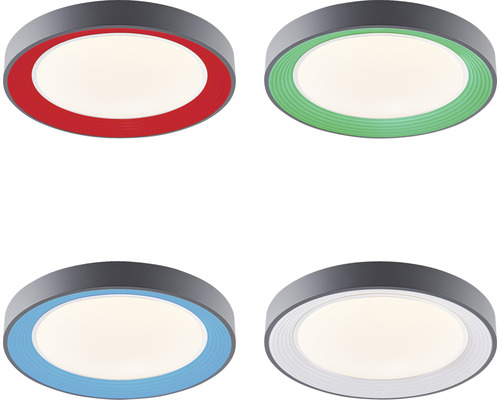 Vier runde LED Deckenleuchten mit Rahmen in verschiedenen Farben