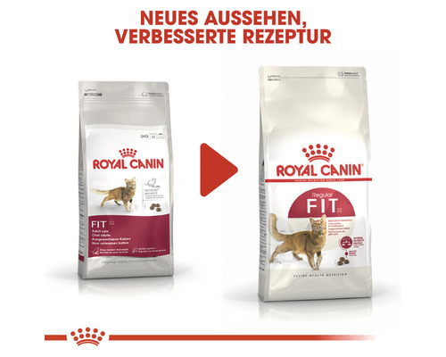 Zwei Packungen Royal Canin Fit 32 Katzenfutter mit neuer Rezeptur