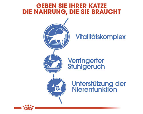 Grafische Darstellung der Vorteile von Katzenfutter: Vitalitätskomplex, reduzierter Stuhlgeruch, Unterstützung der Nierenfunktion