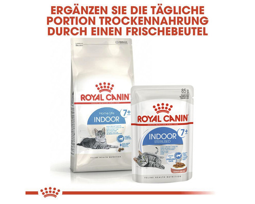 Royal Canin Logo, Katzenfutter Trockennahrung und Frischebeutel für Hauskatzen ab 7 Jahren