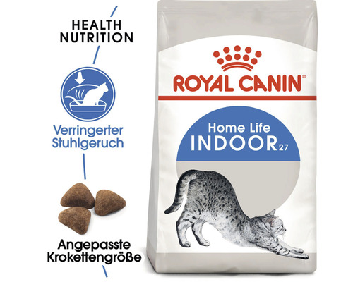 Royal Canin Logo. Trockenfutter für Hauskatzen zur Reduzierung von Stuhlgeruch und mit angepasster Krokettengröße.